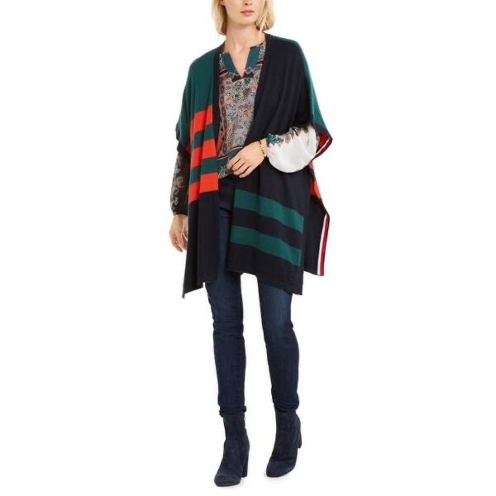 TOMMY HILFIGER Women's Colorblocked Cardigan Poncho Sweater Top TEDO Large